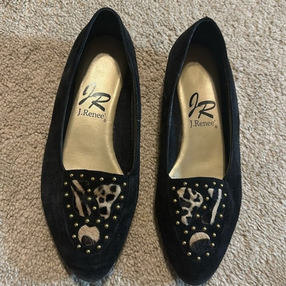 J Renee Gold Leopard Cheetah Black Formal Suede Flats 6.5 Women’s